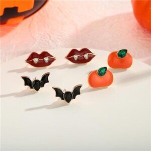 Lovely Halloween Stud Earrings Set | Pumpkin, Vampire Bat & Lip Designs.